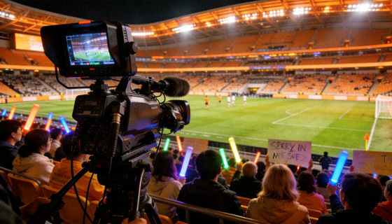赛事直播现场，摄像机对准球场中央，看台观众正在观看比赛